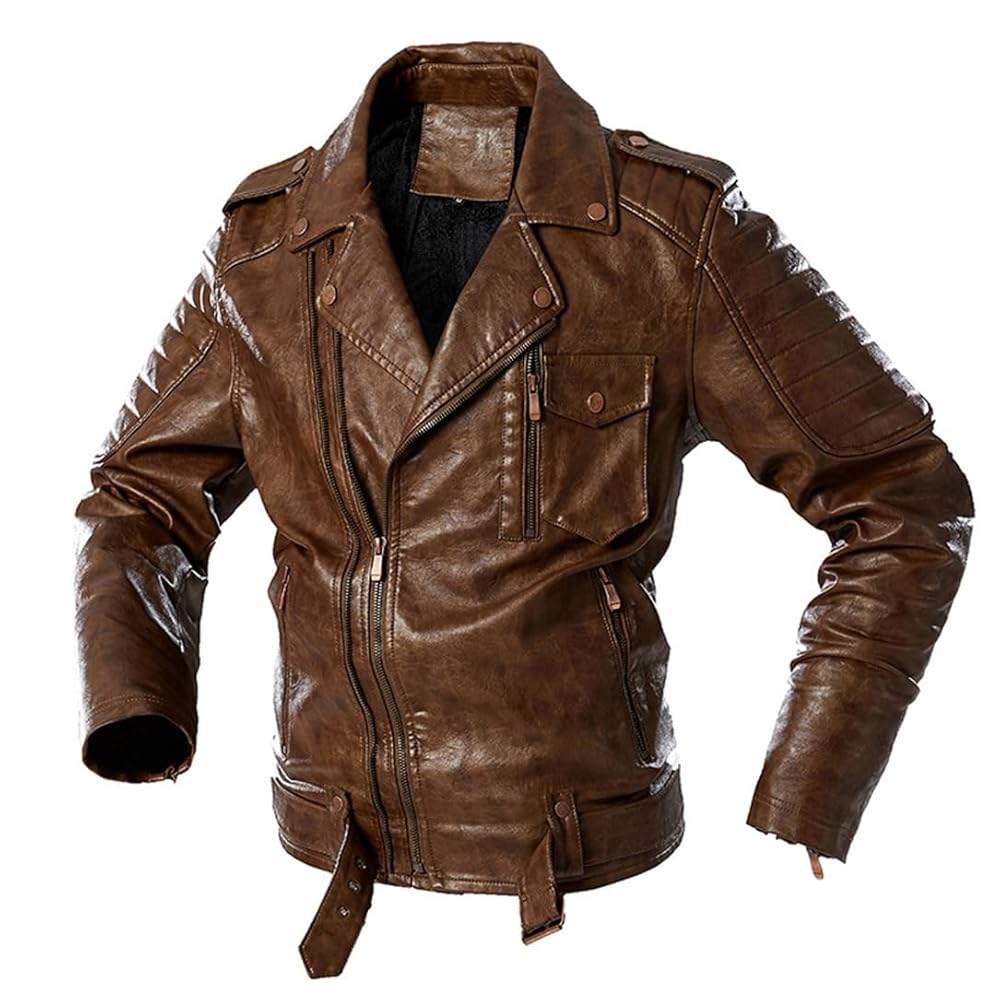 Adhdyuud Men Leather Jacket Winter Solid Zipper Pockets